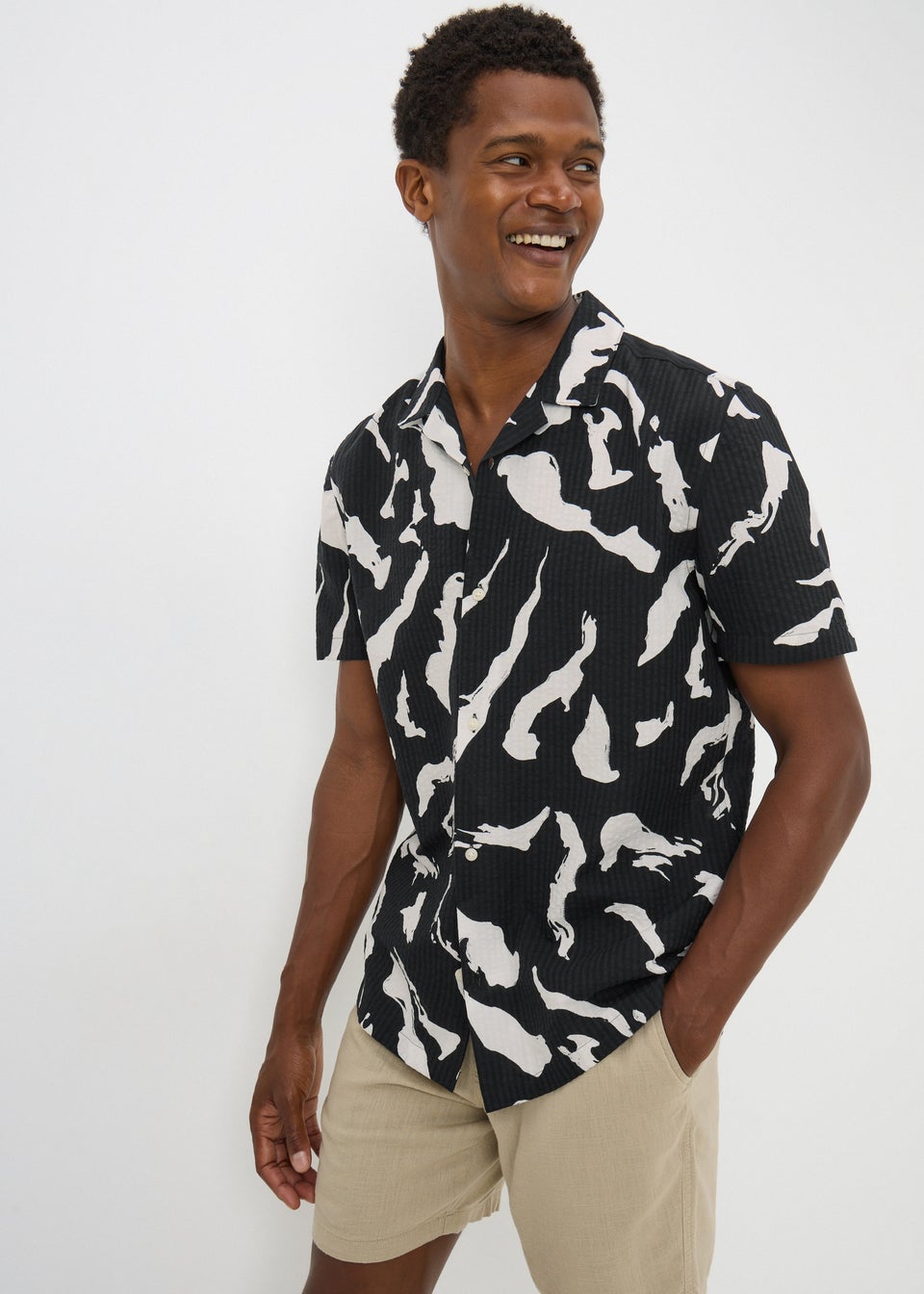 Black Mono Print Seersucker Shirt