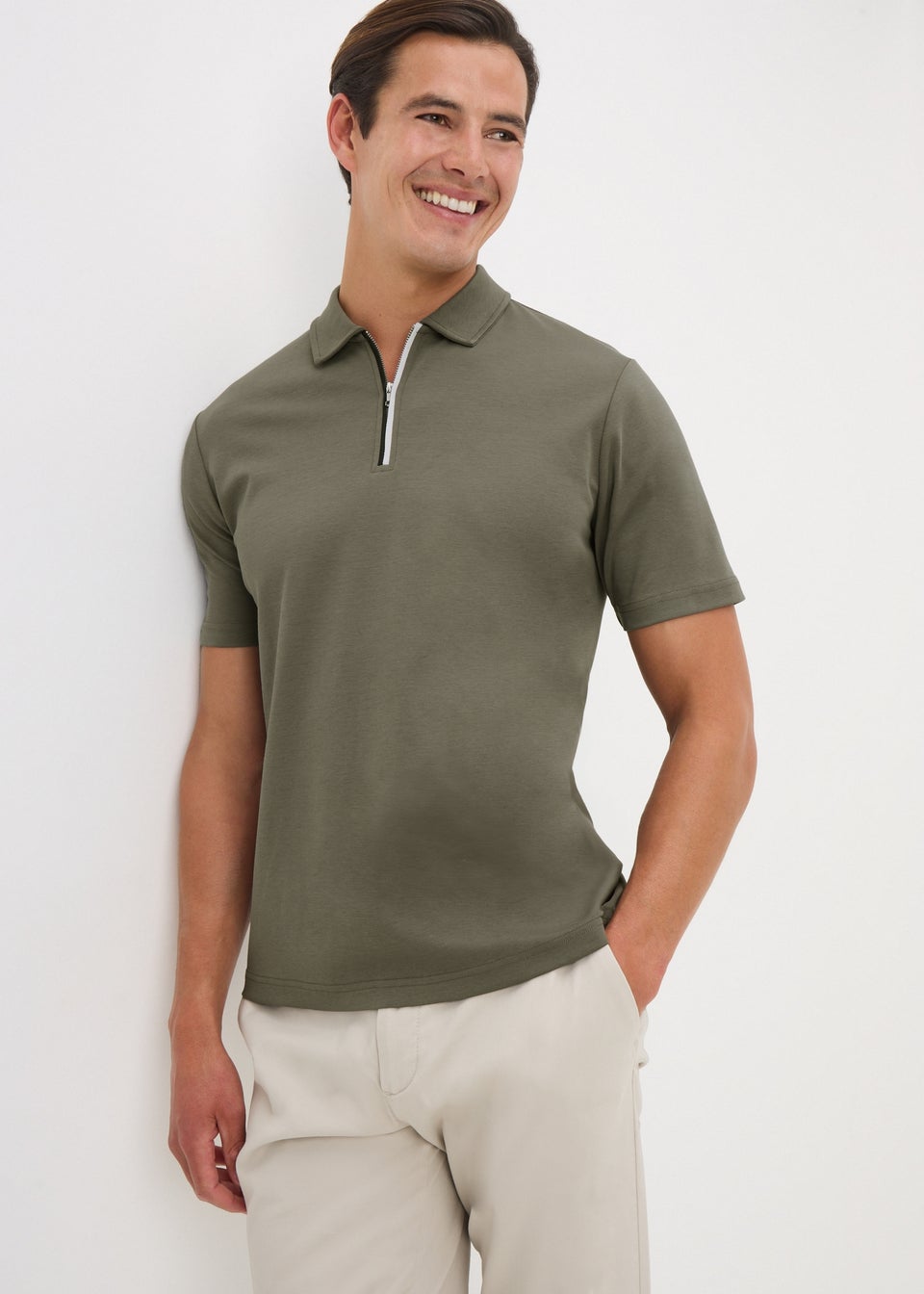 Khaki 1/4 Zip Liquid Cotton Polo Shirt
