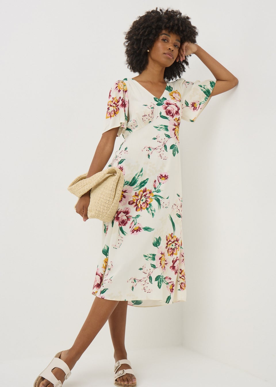 Cream Floral V Neck Midi Tea Dress