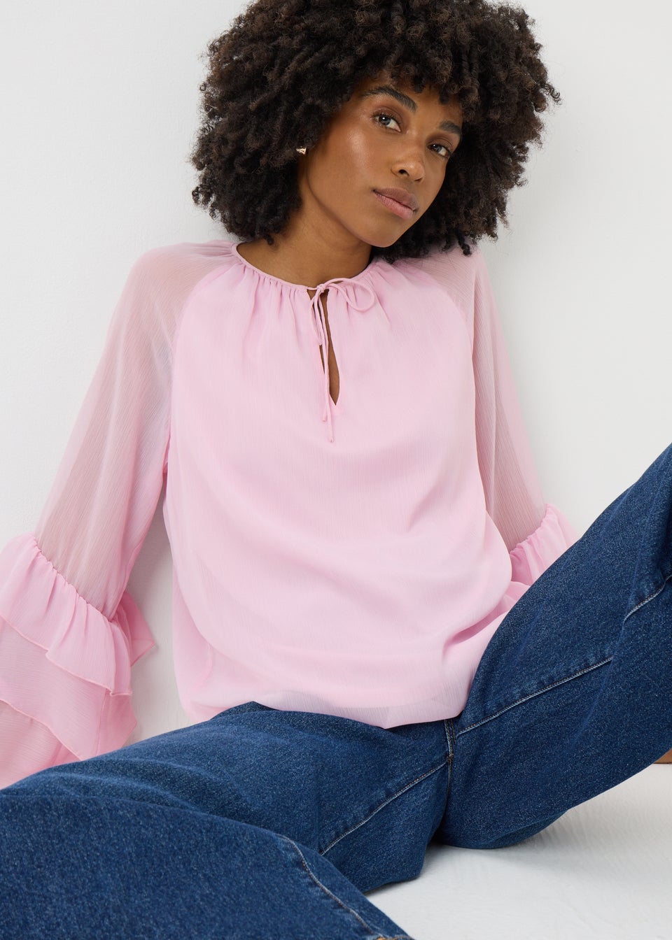 Pink Frill Sleeve Tie Neck Blouse