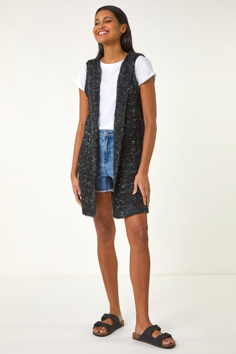 Roman Black Textured Fluffy Knit Hooded Gilet