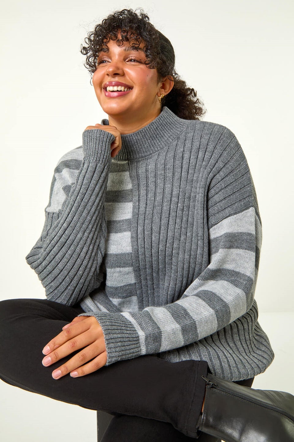 Roman Grey Curve Contrast Stripe High Neck Jumper