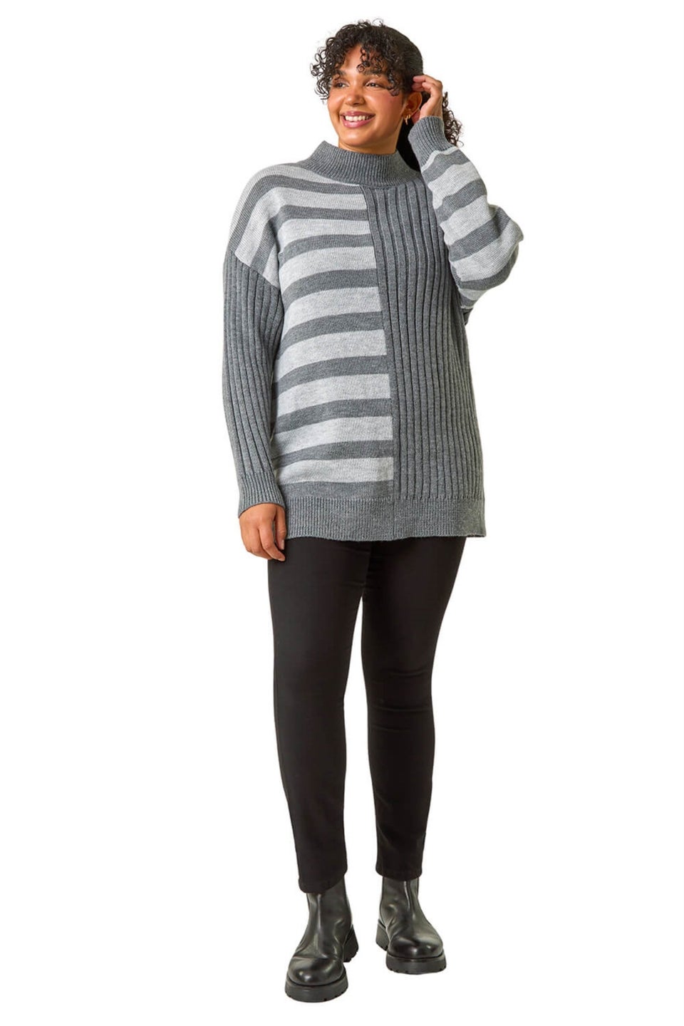 Roman Grey Curve Contrast Stripe High Neck Jumper
