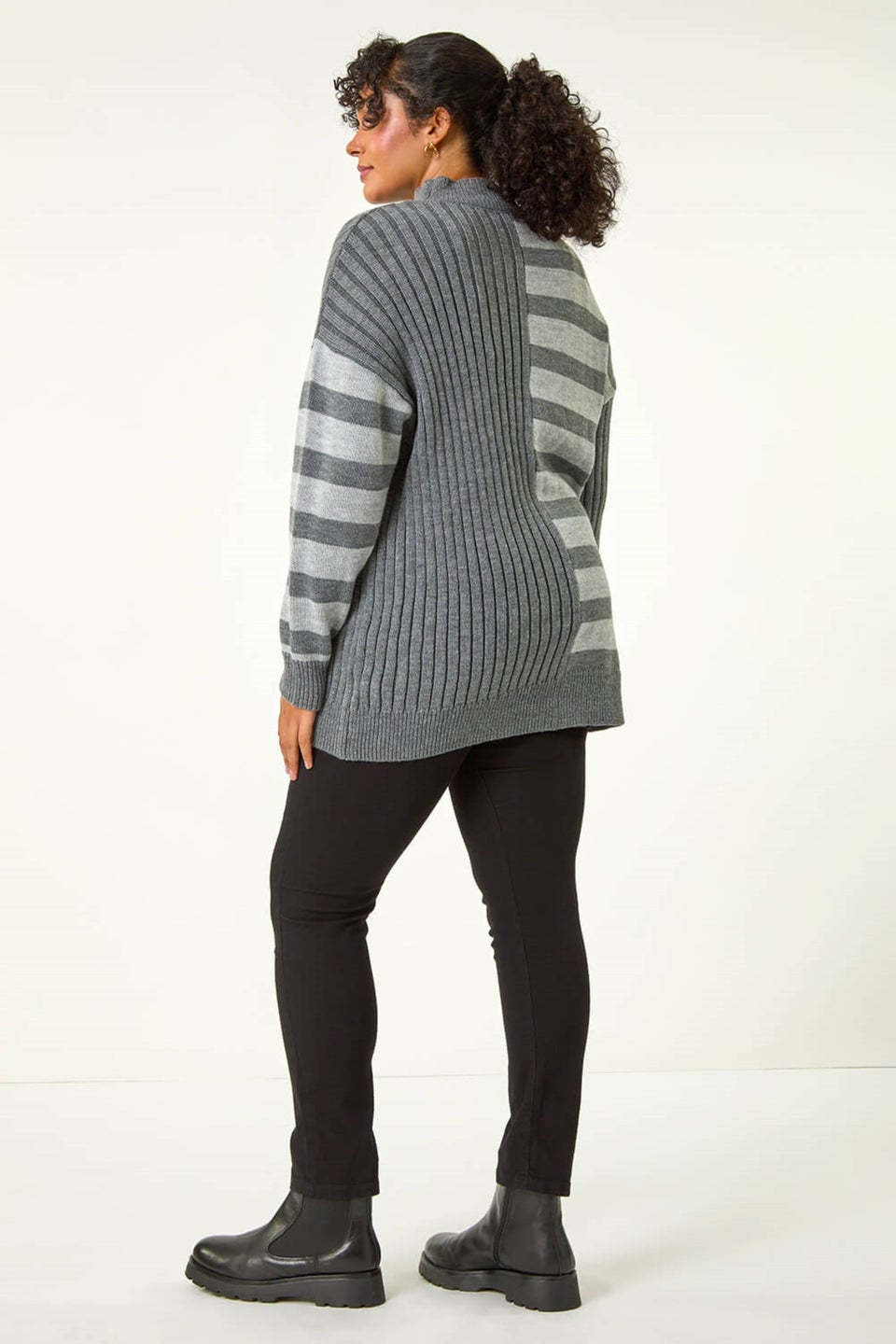 Roman Grey Curve Contrast Stripe High Neck Jumper