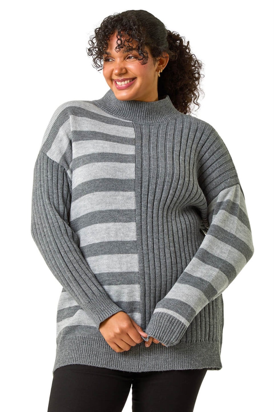 Roman Grey Curve Contrast Stripe High Neck Jumper