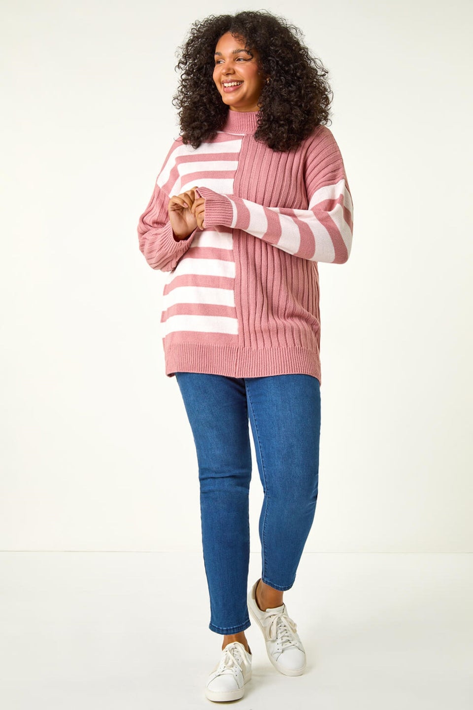 Roman Pink Curve Contrast Stripe High Neck Jumper