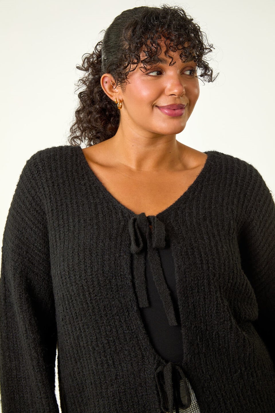 Roman Black Curve Bow Detail Knit Cardigan