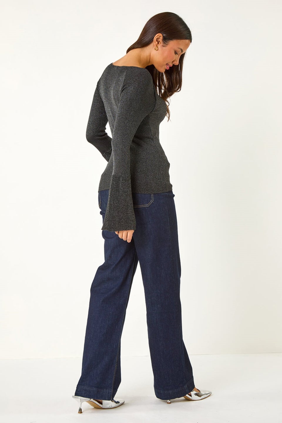 Roman Black Sweetheart Neck Ruched Knit Jumper