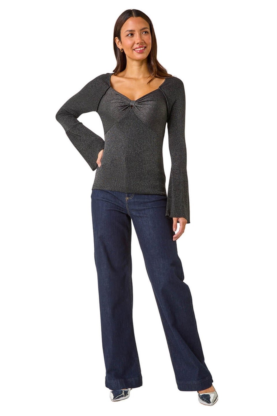Roman Black Sweetheart Neck Ruched Knit Jumper