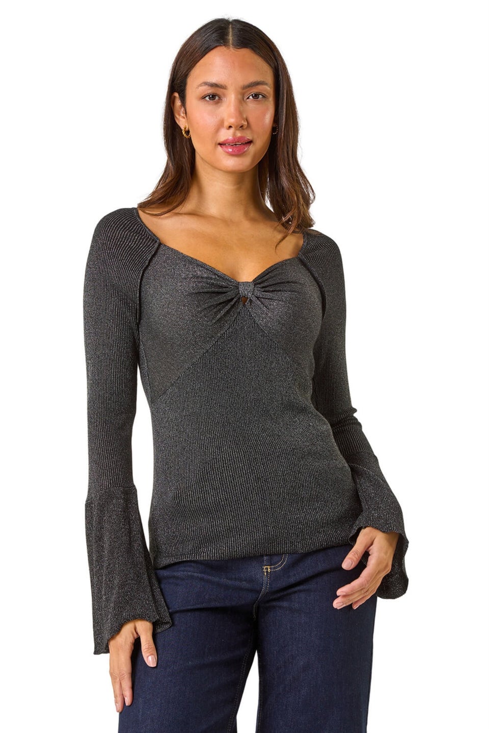 Roman Black Sweetheart Neck Ruched Knit Jumper