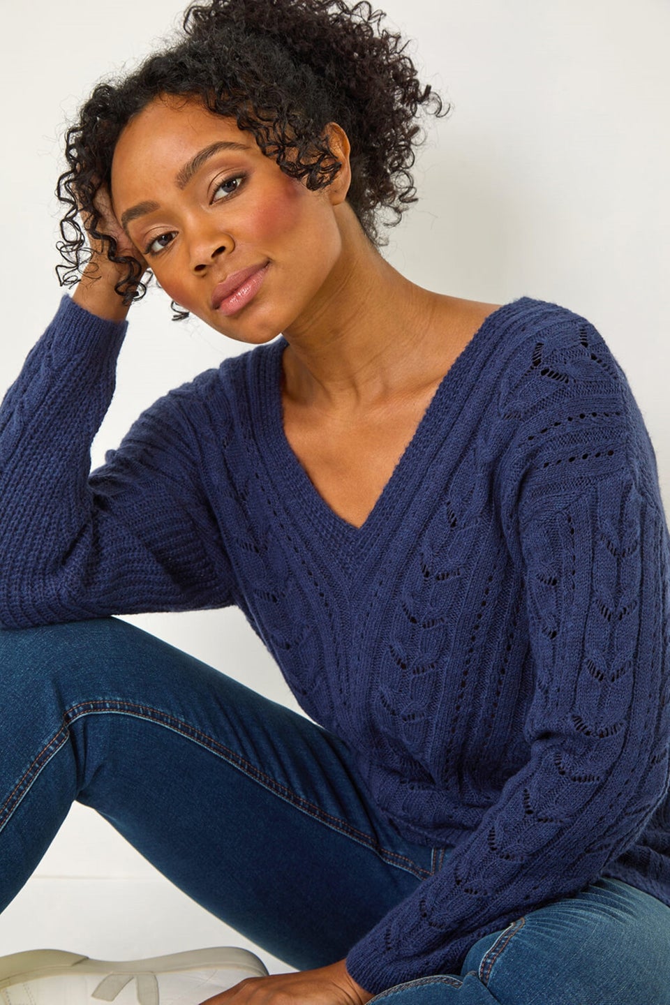 Roman Navy Petite V-Neck Knit Jumper