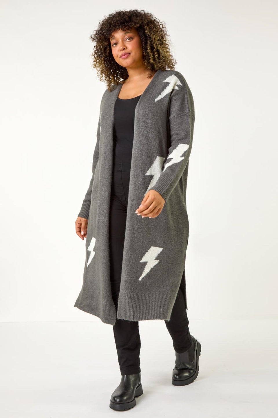 Roman Grey Curve Printed Longline Cardigan