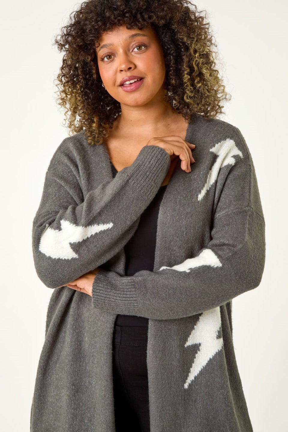 Roman Grey Curve Printed Longline Cardigan