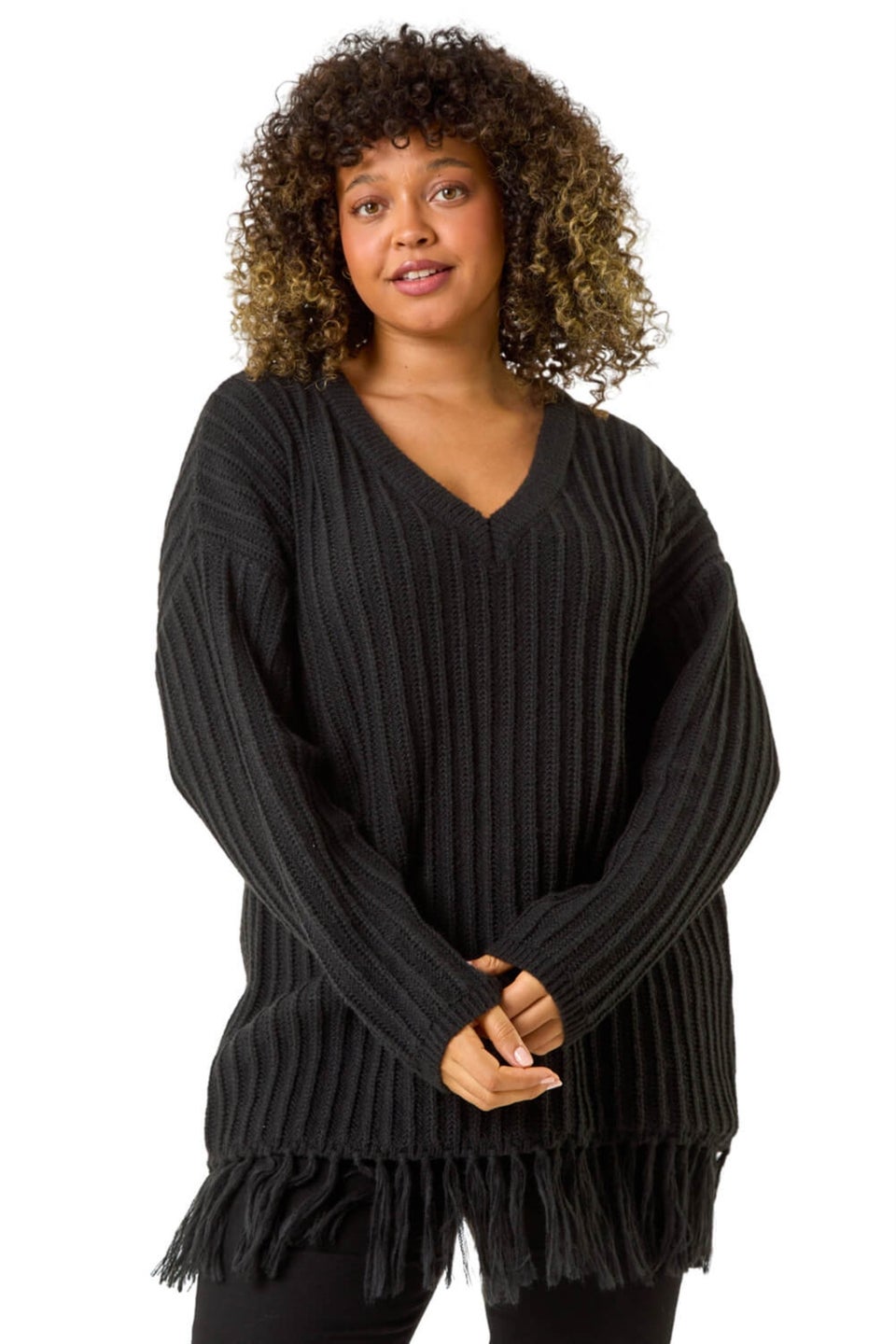 Roman Black Curve V-Neck Tassel Hem Knit Jumper Matalan