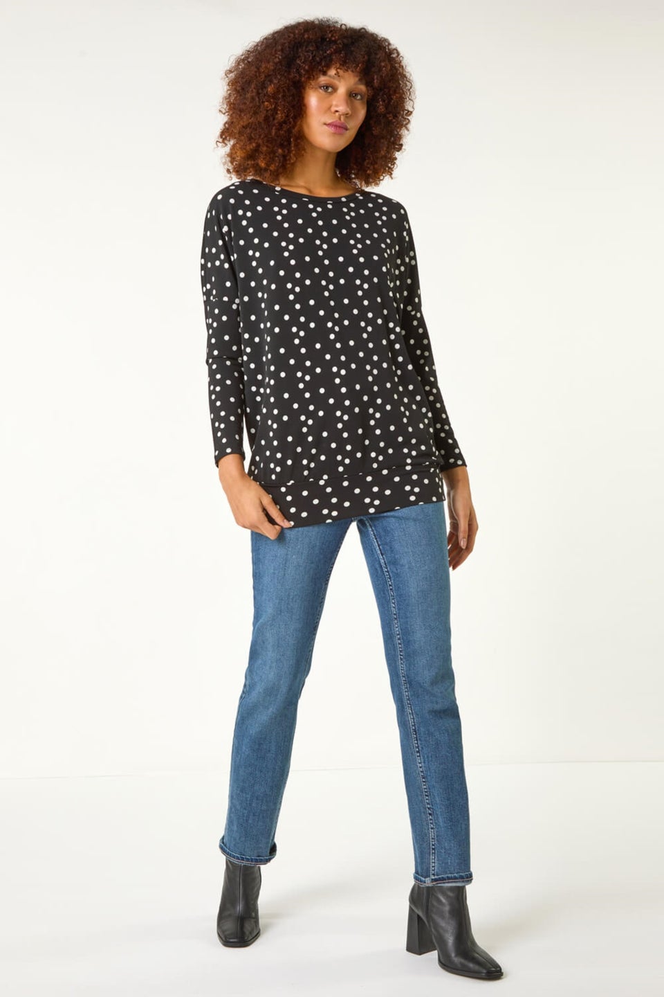 Roman Black Spot Print Drop Shoulder Top