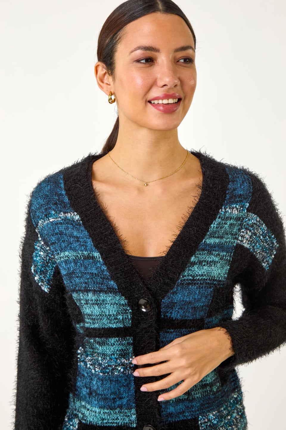 Roman Blue Colour Block Fluffy Knit Cardigan