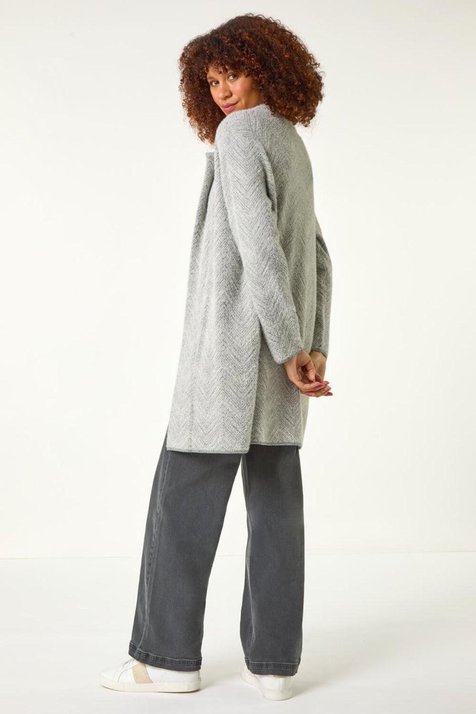 Roman Light Grey Revere Collared Knit Cardigan