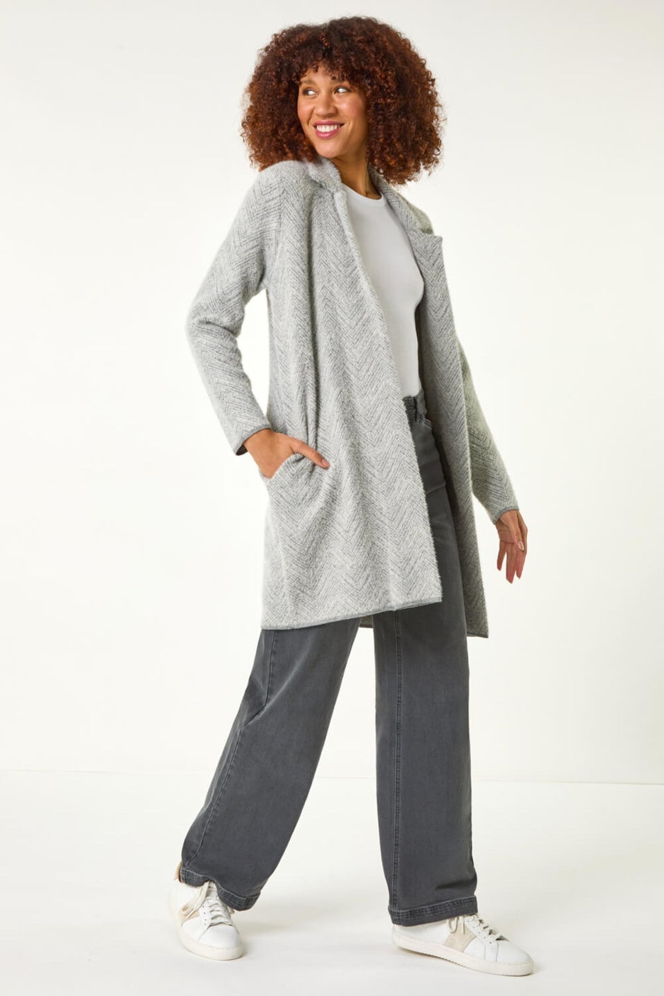 Roman Light Grey Revere Collared Knit Cardigan