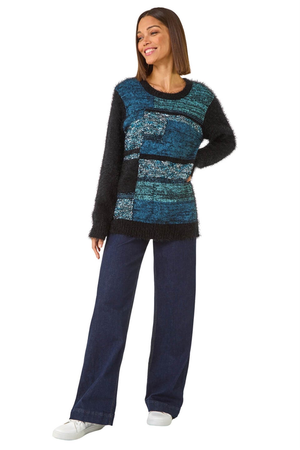 Roman Green Colour Block Fluffy Knit Jumper