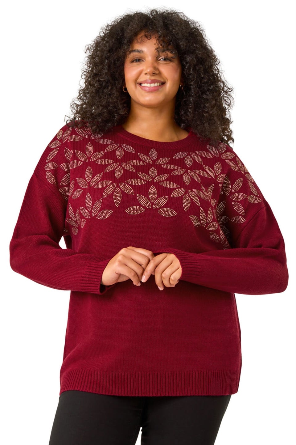 Roman Red Curve Leaf Print Hotfix Knit Jumper