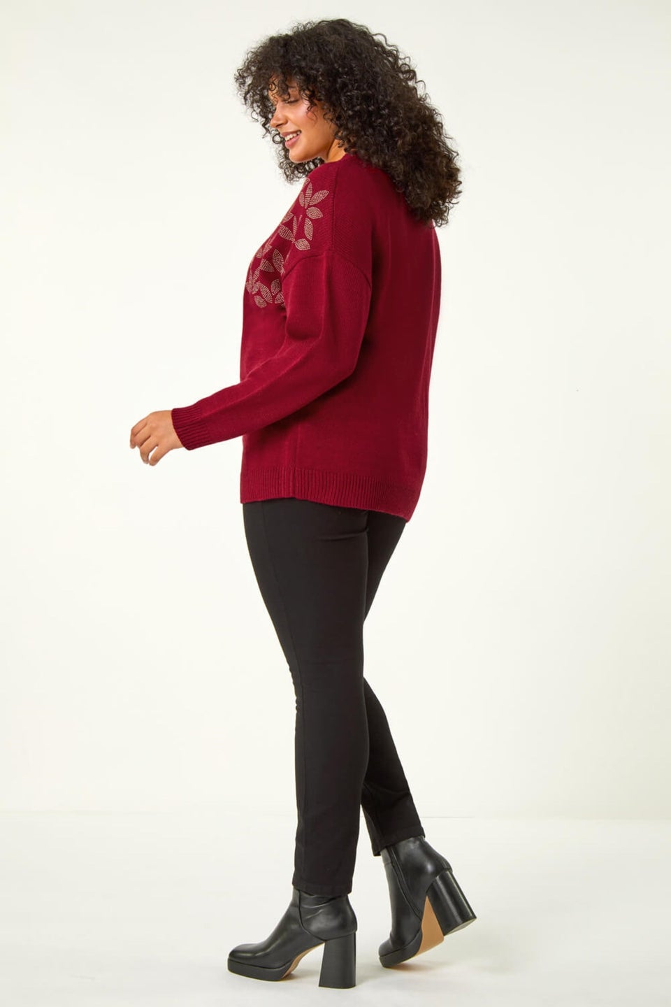 Roman Red Curve Leaf Print Hotfix Knit Jumper