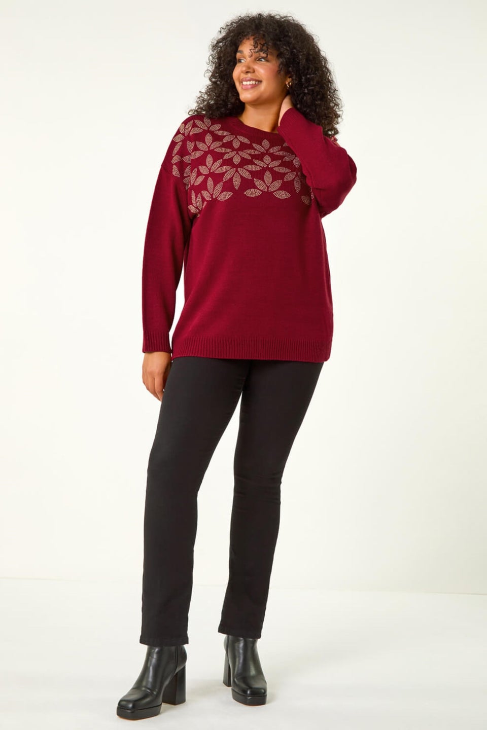 Roman Red Curve Leaf Print Hotfix Knit Jumper