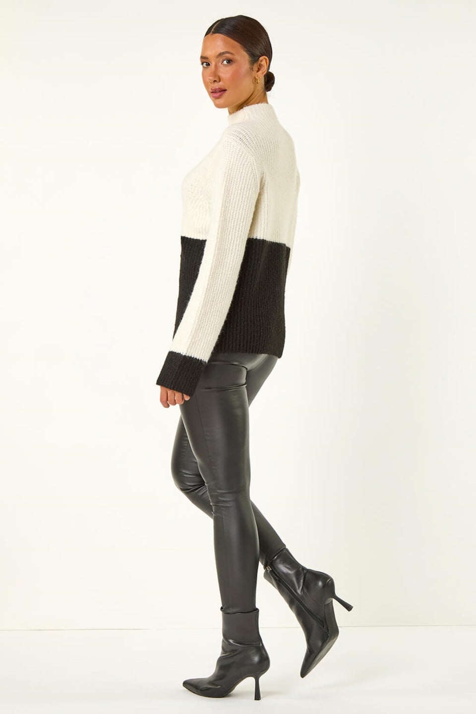 Roman Ivory Colour Block Funnel Neck Knit Jumper