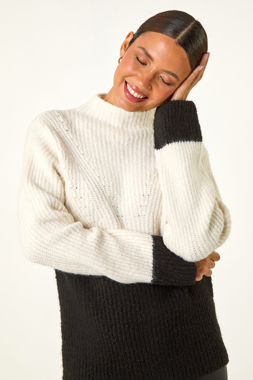 Roman Ivory Colour Block Funnel Neck Knit Jumper