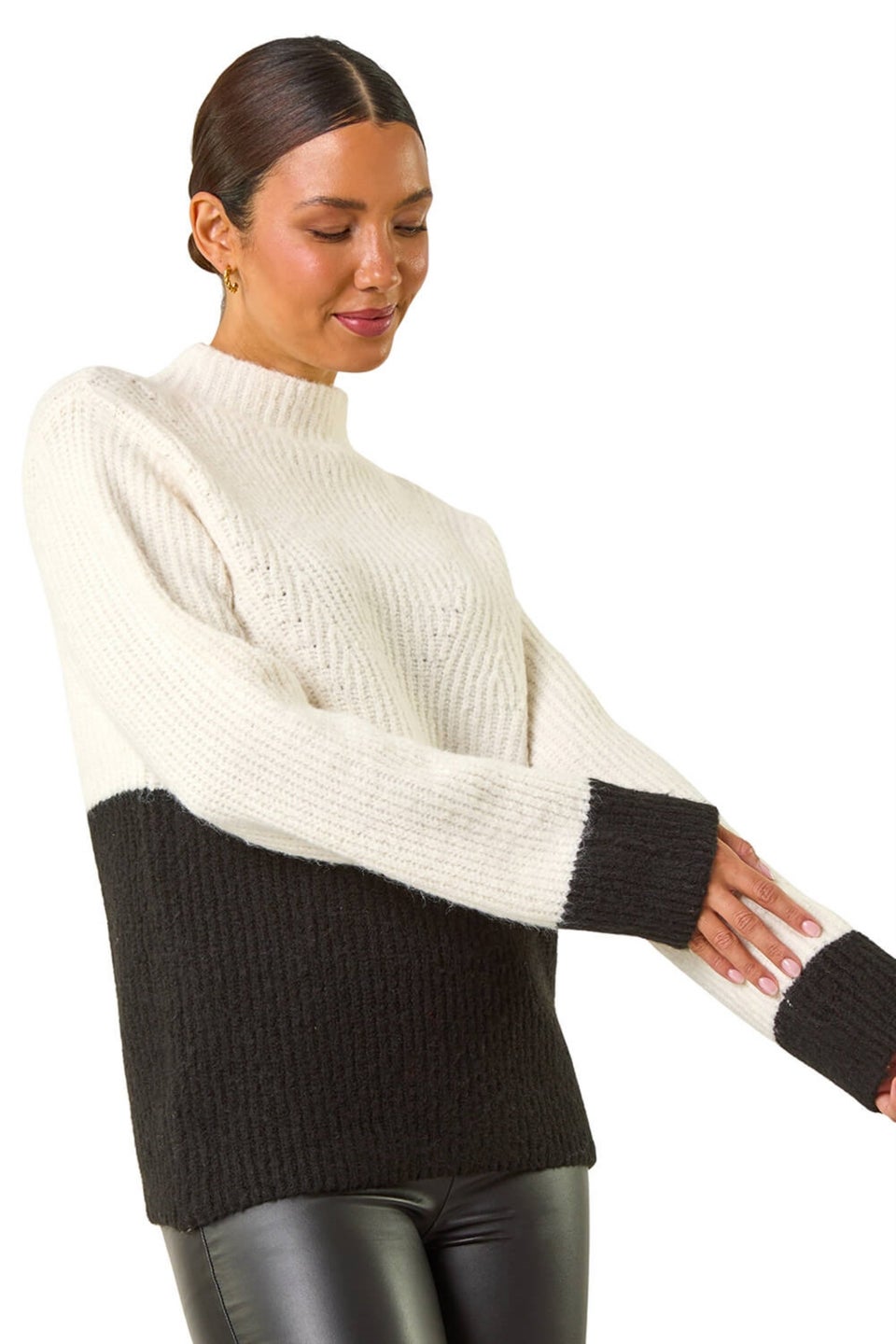 Roman Ivory Colour Block Funnel Neck Knit Jumper