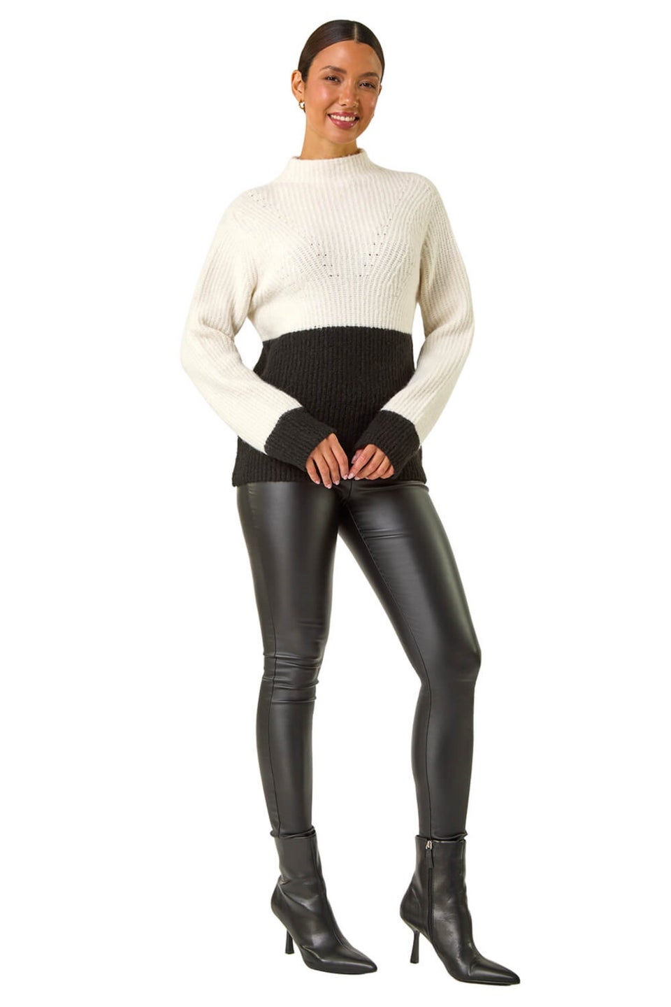 Roman Ivory Colour Block Funnel Neck Knit Jumper