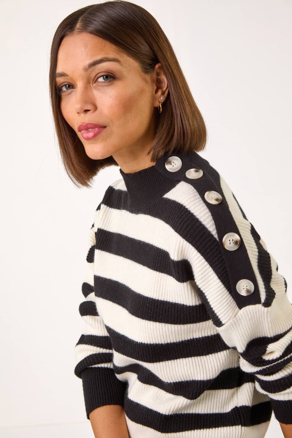 Roman Black Button Shoulder Stripe Knit Jumper