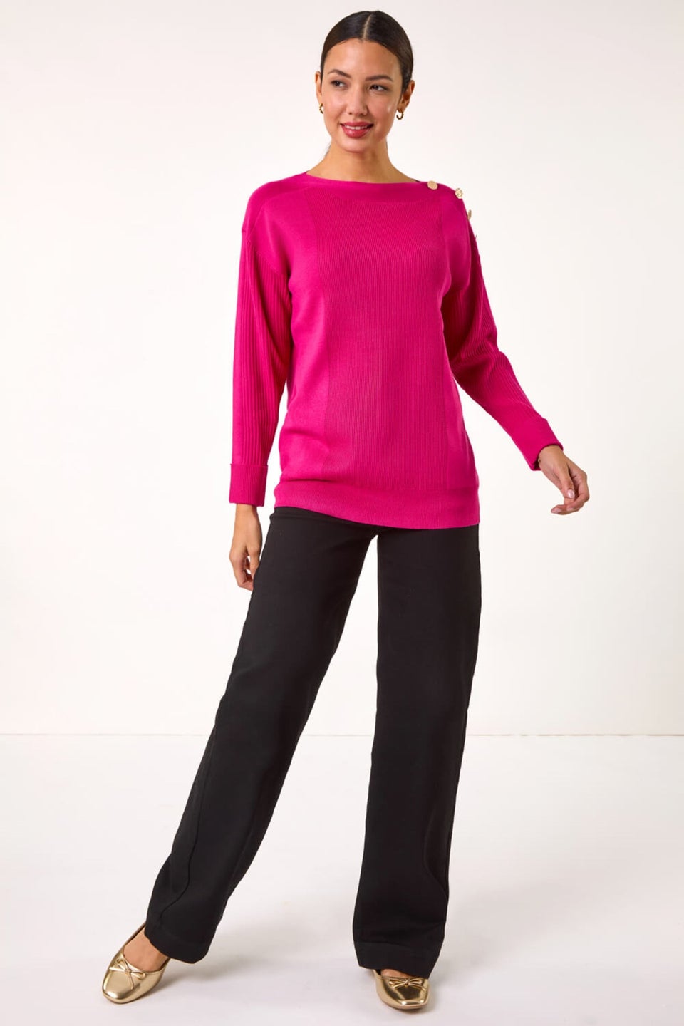 Roman Rose Slash Neck Button Detail Knit Jumper