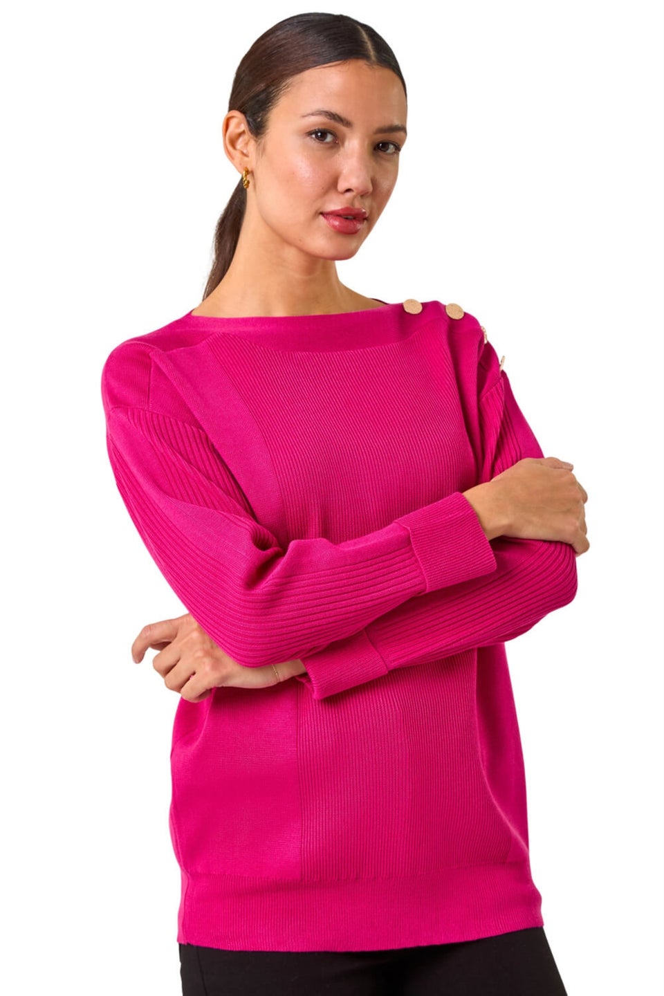 Roman Rose Slash Neck Button Detail Knit Jumper