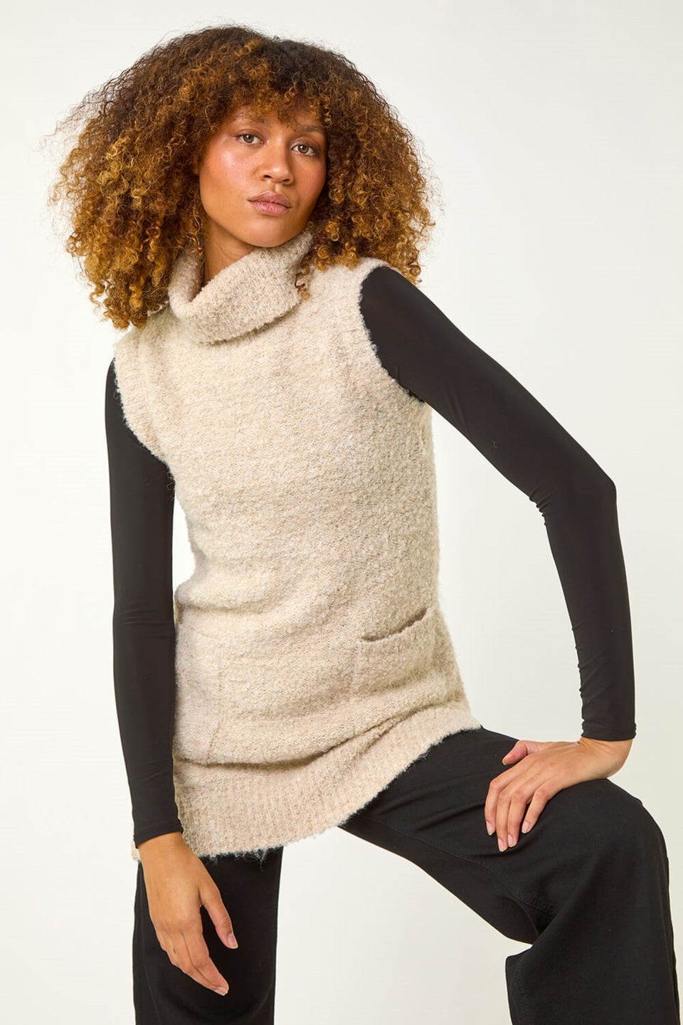 Roman Natural Boucle Pocket Sleeveless Knit Jumper