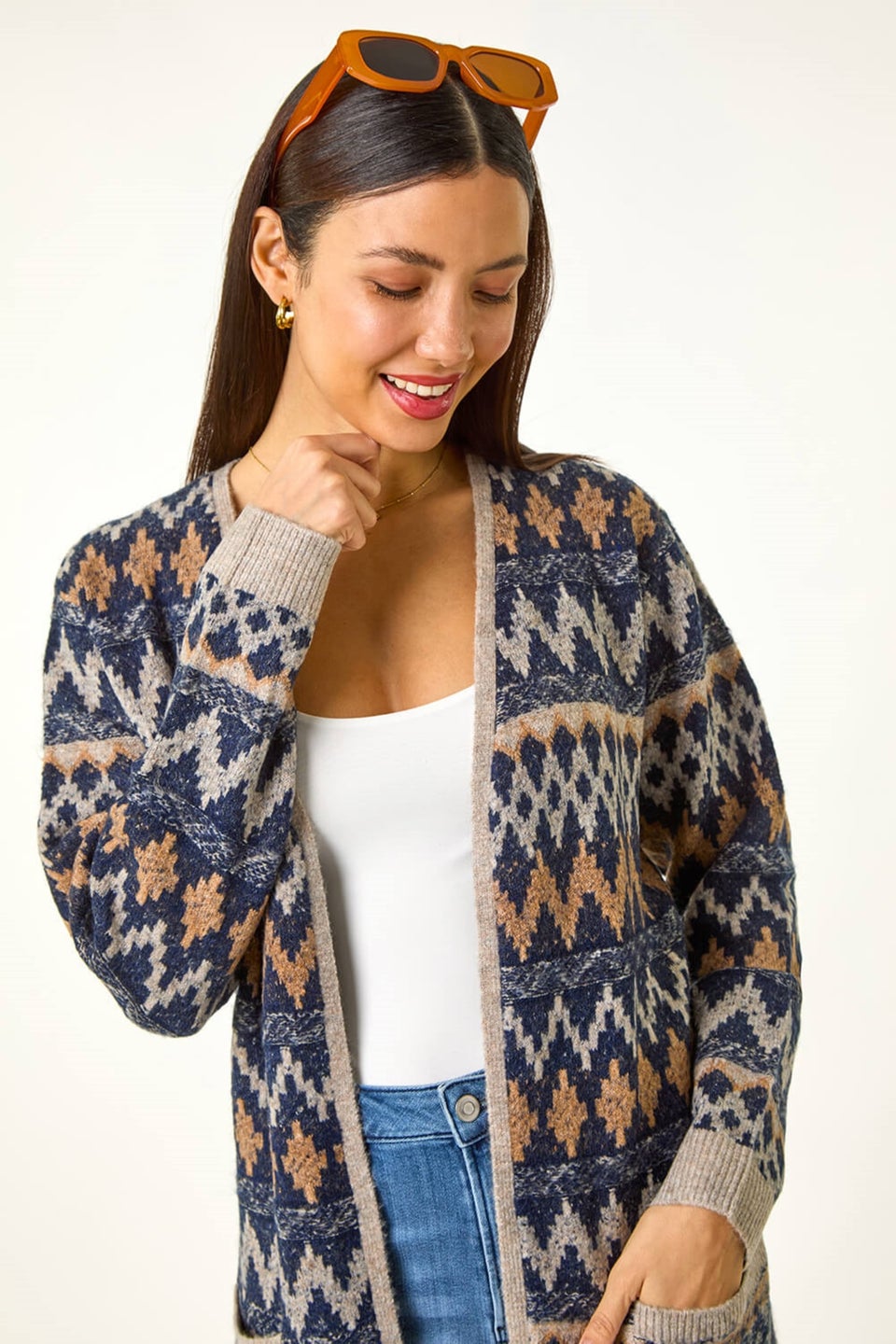 Roman Denim Patterned Belted Knit Cardigan