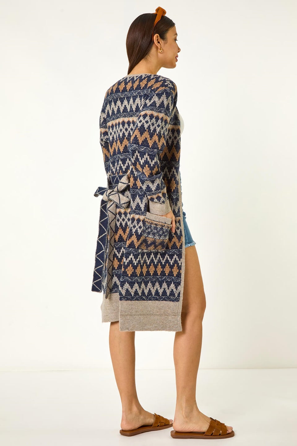 Roman Denim Patterned Belted Knit Cardigan