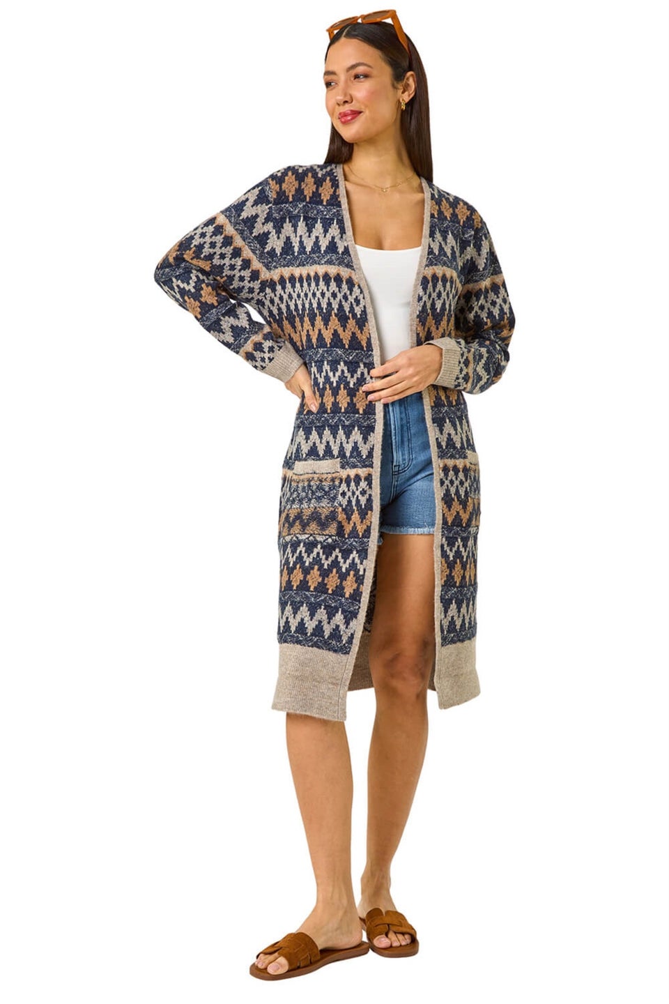 Roman Denim Patterned Belted Knit Cardigan
