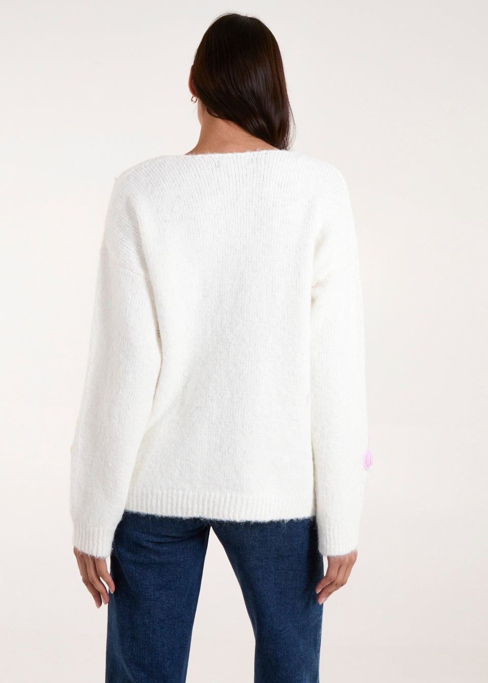 Blue Vanilla Ivory Flower Knit Embroidery V Neck Jumper