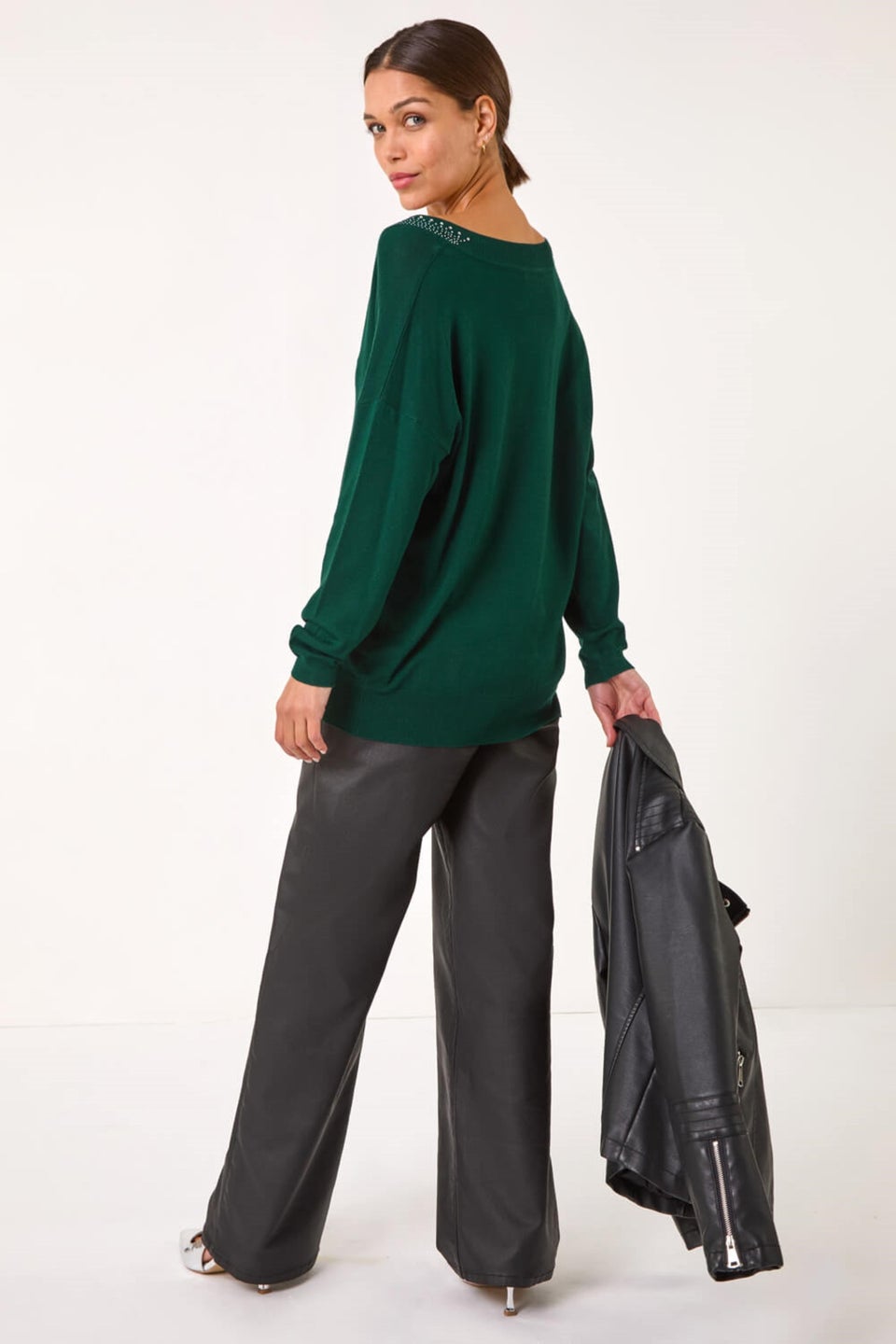 Roman Dark Green Hotfix Trim V-Neck Knit Jumper