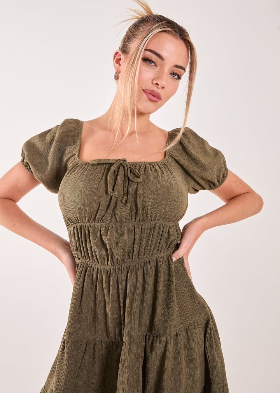 Pink Vanilla Khaki Crinkle Puff Sleeve Tiered Mini Dress
