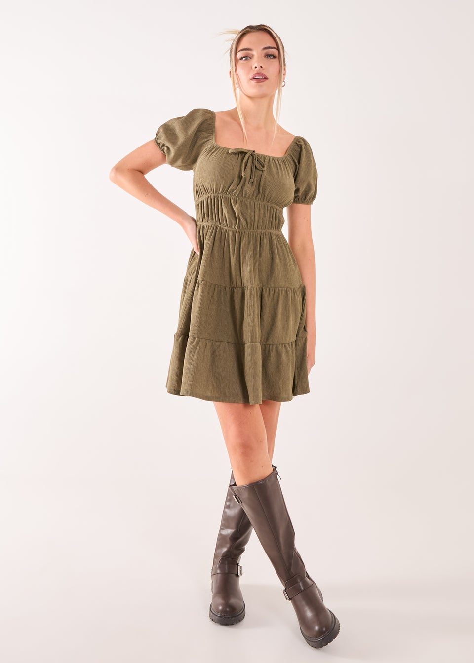 Pink Vanilla Khaki Crinkle Puff Sleeve Tiered Mini Dress