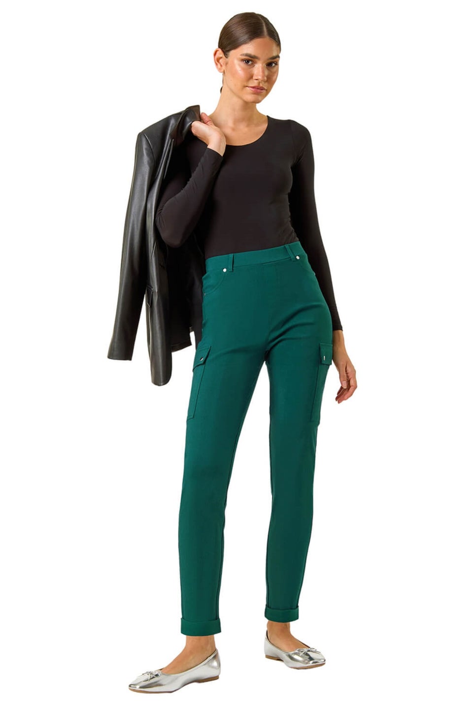 Roman Teal Turn Up Stretch Cargo Trousers