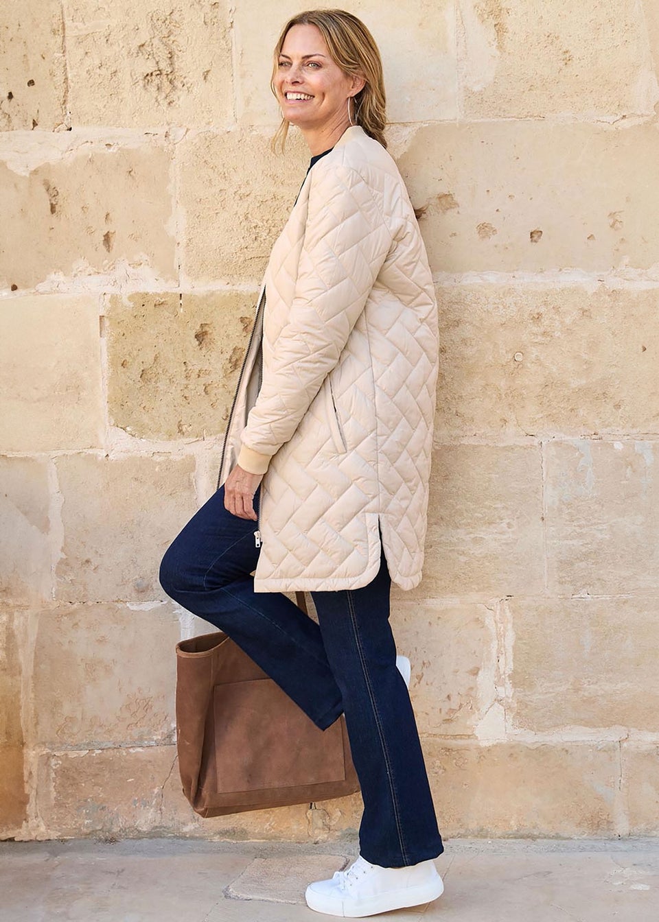 Cotton Traders Champagne Collarless Quilted Jacket