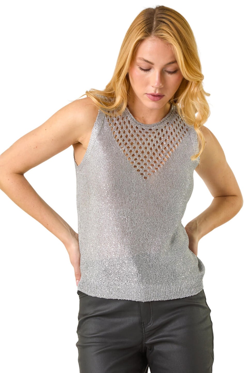 Dusk Silver Roman Metallic Cut Out Knitted Vest