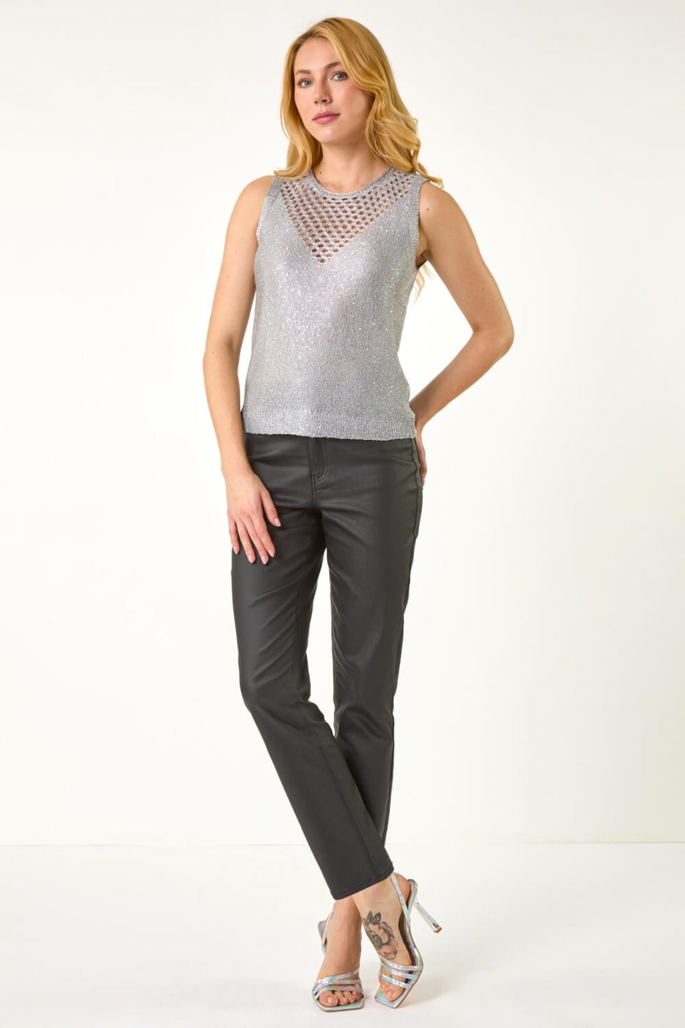 Dusk Silver Roman Metallic Cut Out Knitted Vest