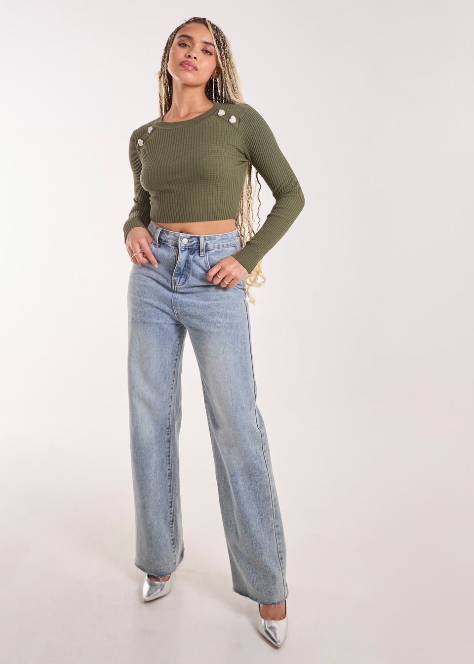 Pink Vanilla Khaki Heart Embellishment Rib Knit Top