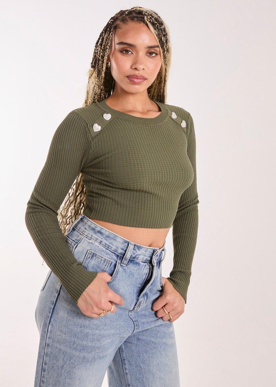 Pink Vanilla Khaki Heart Embellishment Rib Knit Top