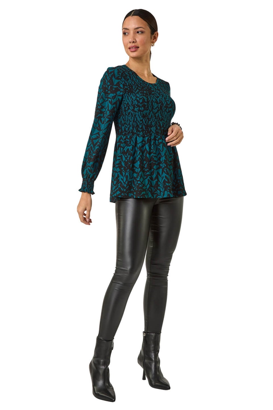 Roman Teal Abstract Printed Shirred Tunic Top