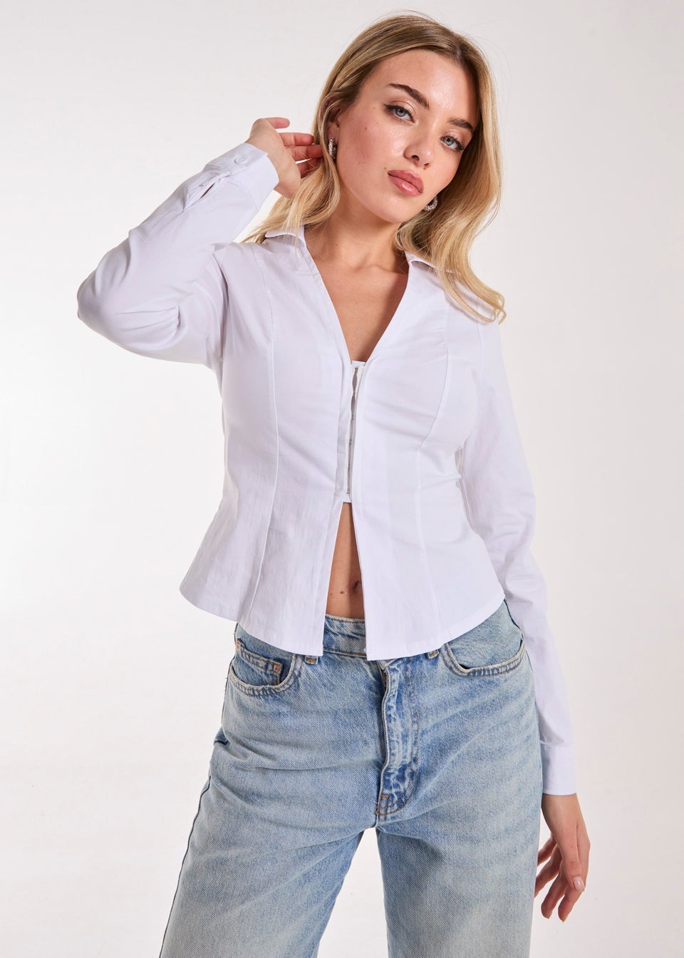 Pink Vanilla White Long Sleeve Hook and Eye Shirt