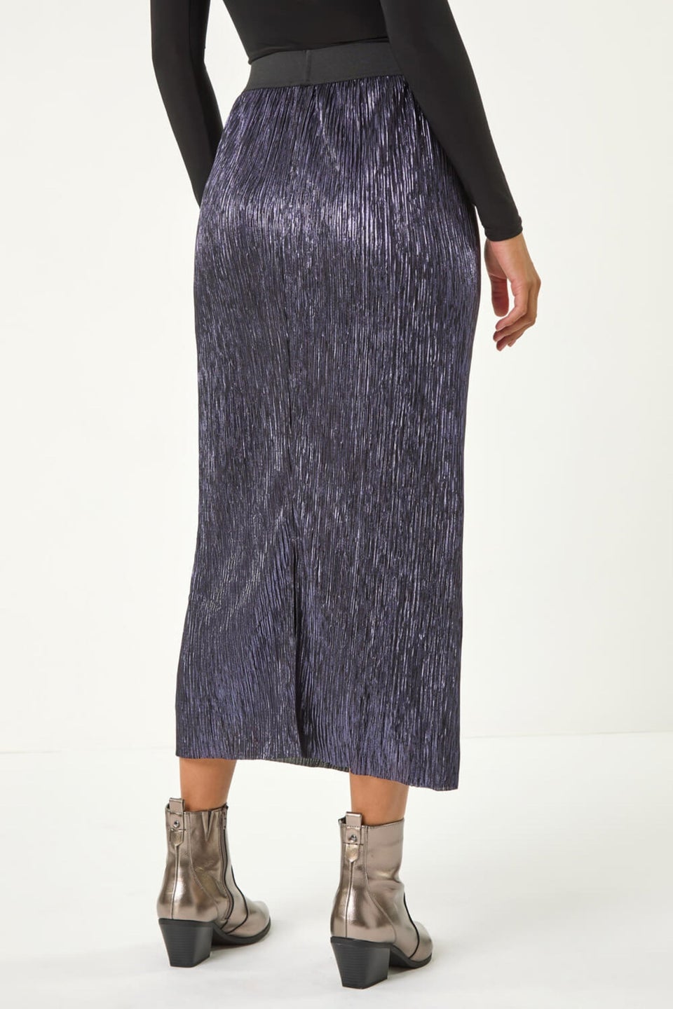 Roman Midnight Blue Foil Plisse Pleated Pencil Skirt